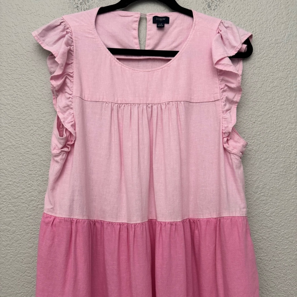 J. Crew Factory Pink Linen Blend Colorblock Ombre Ruffle Sleeve Dress Size 14 - Picture 3 of 15